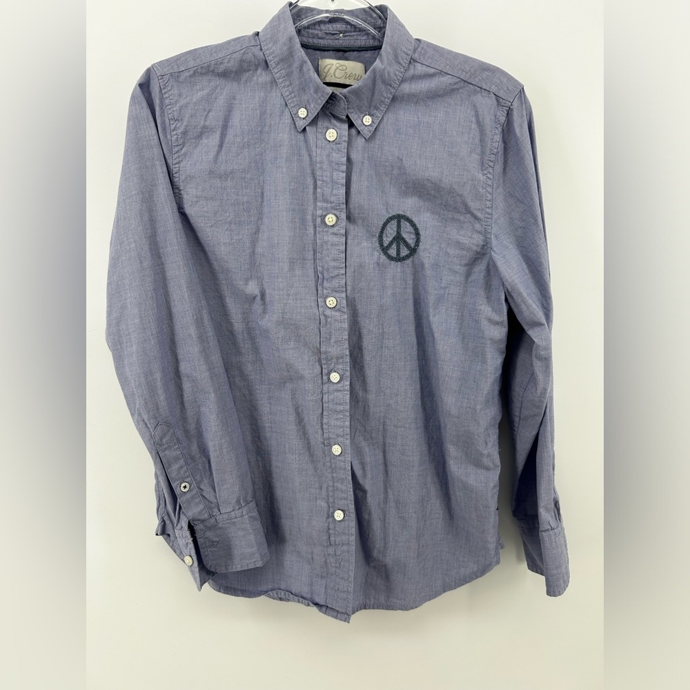 J.Crew Women Blue Long Sleeve Button-Down Shirt Embroidered Peace Sign Size 2